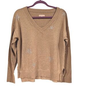 Knox Rose Women's Large‎ Tan V-Neck Long Sleeve Star Pullover Sweater